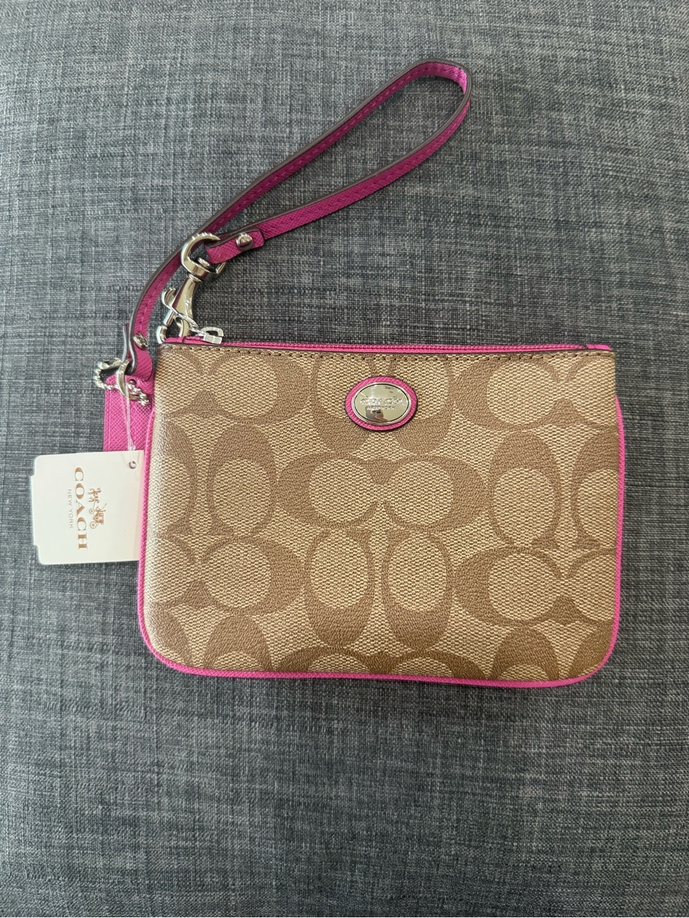 COACH Signature Wristlet in Khaki with Fushchia Trim